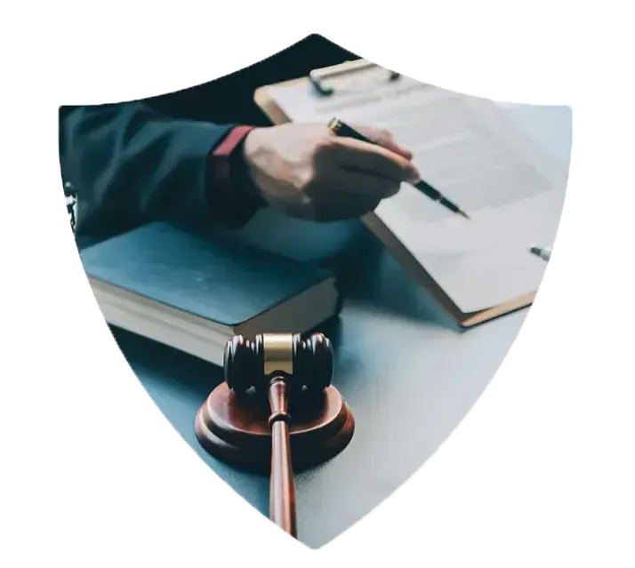 Judge's gavel, legal documents, and hand writing in a law office setting.