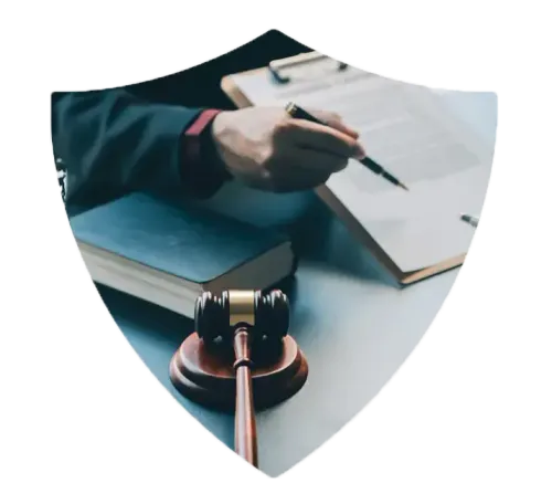 Gavel and legal documents on a desk with a person's hand signing documents.