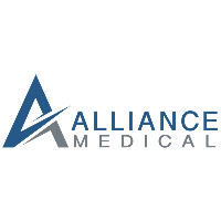 the logo for alliance medical is a blue triangle with a cross on it .