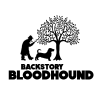 the logo for backstory bloodhound shows a man feeding a dog from a tree .