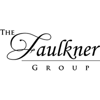 the logo for the faulkner group is black and white .