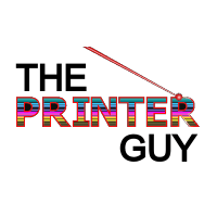 the logo for the printer guy is a colorful logo with a red line going through it .