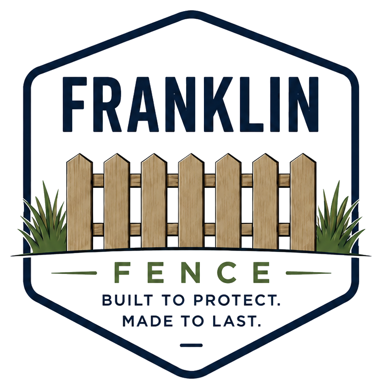 Franklin Fence Logo with Hexagon Emblem, Wooden Fence Graphic, Grass Accents, Tagline, and Company Name in Franklin, WI