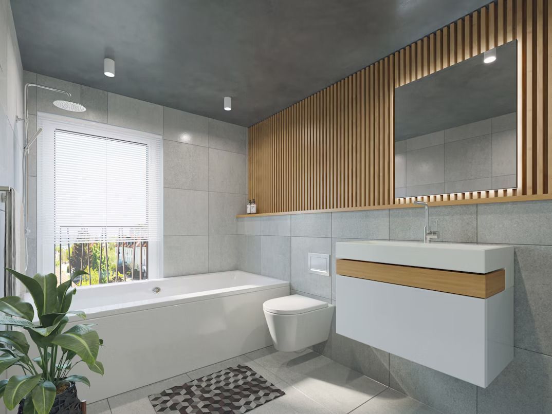 modern bathroom with wall mounted toilet and natural stone tiles with wooden cupboards
