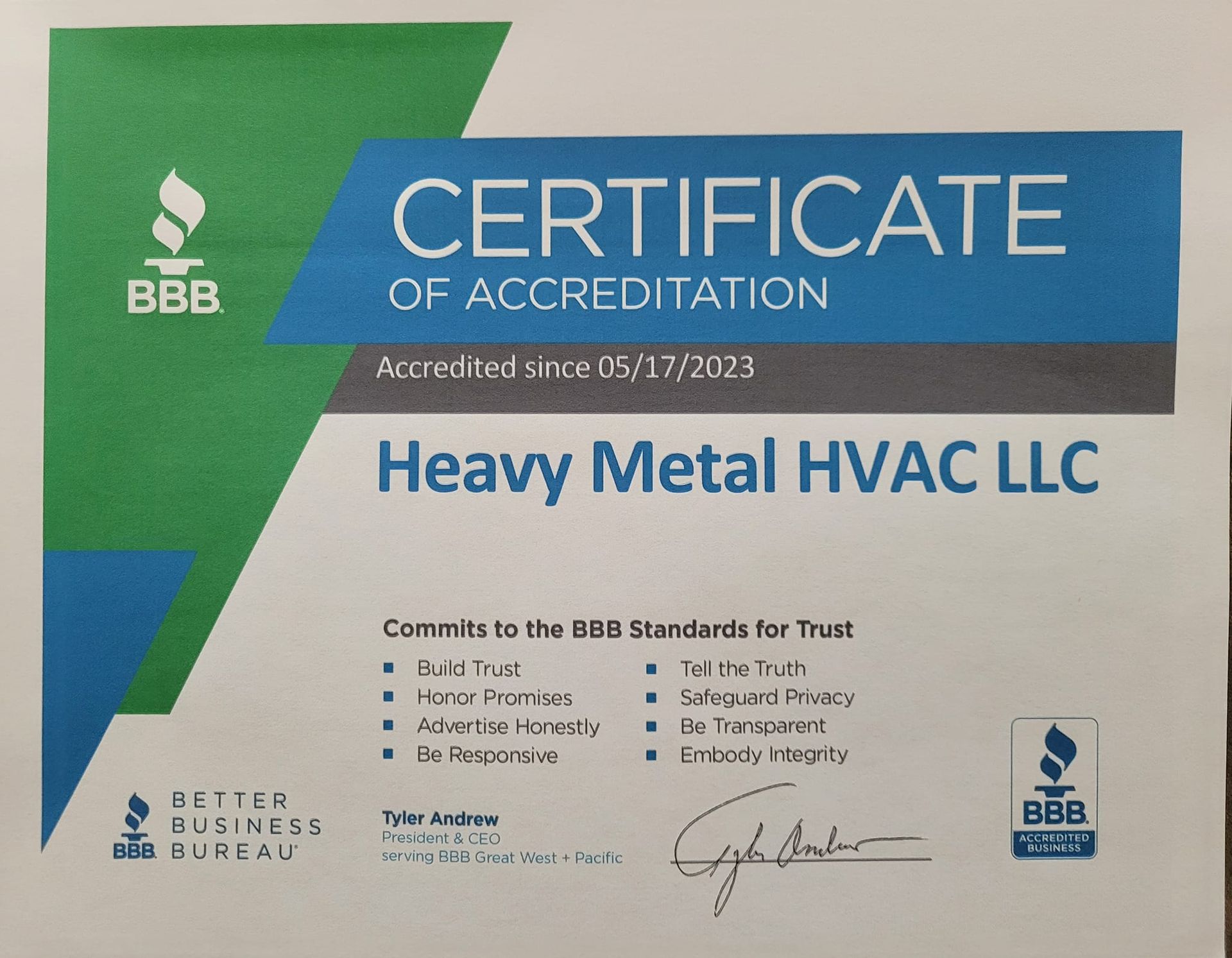 a certificate of accreditation for heavy metal hvac llc