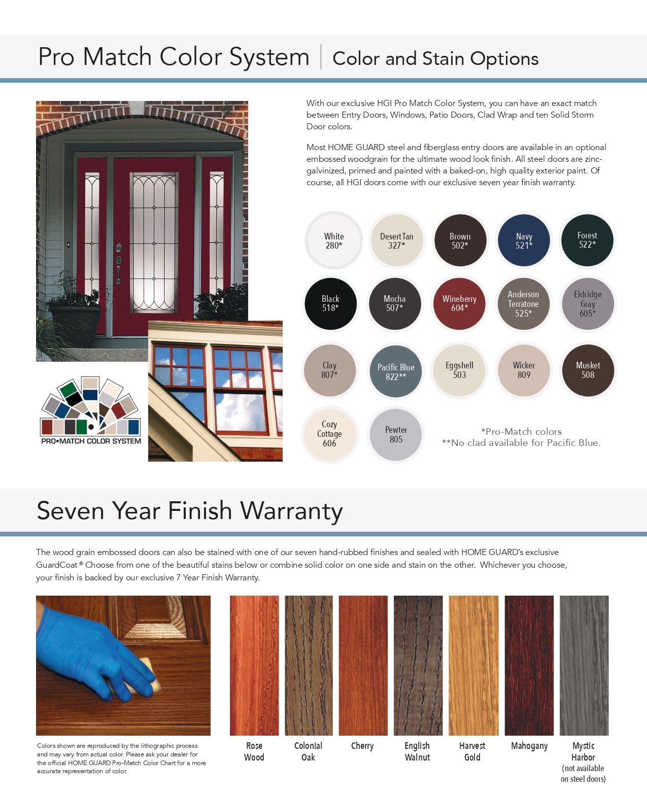 Brochure page showing pro match color swatches and seven-year finish warranty for exterior doors