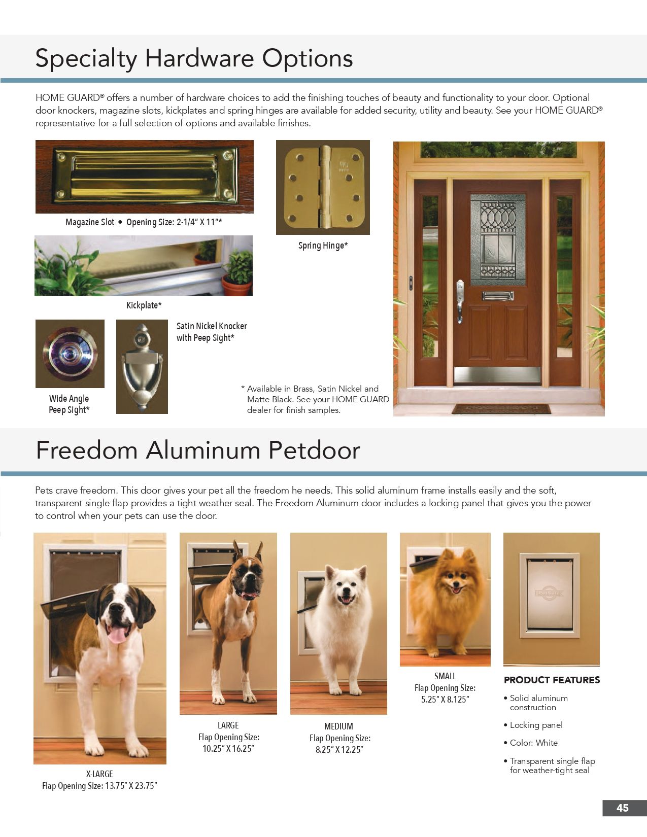 Catalog page showing specialty hardware options and a pet door with dogs entering and exiting outdoors