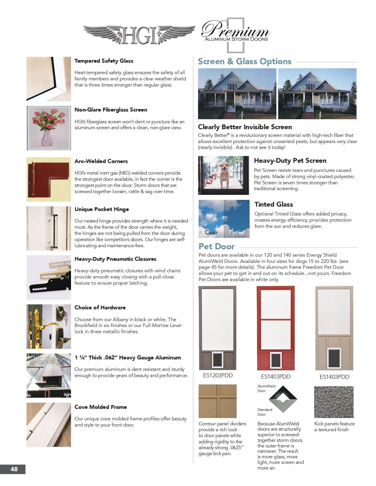 Brochure page for HGI home exteriors showing awnings, entry doors, and house siding examples