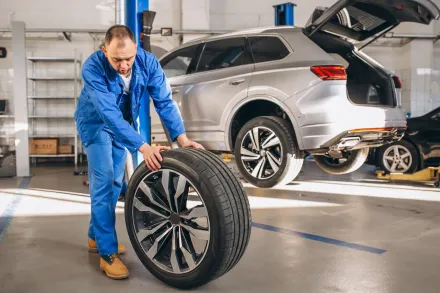 Tim Ledford Towing and Auto Repair Service image of auto repair technician with tire