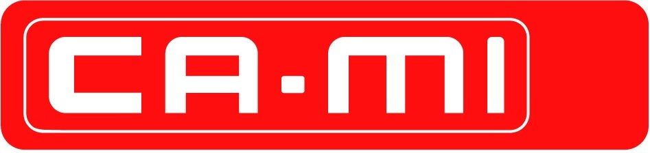 A red and white ca mi logo on a white background.