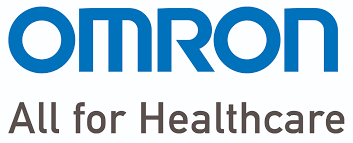 The omron logo is blue and white and says `` all for healthcare ''.