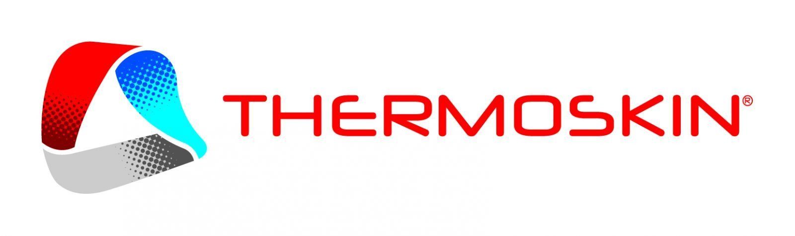 A thermoskin logo with a red , blue and white triangle on a white background.