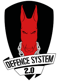 A defence system 2.0 logo with a red dog on it