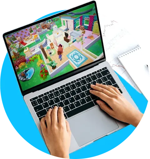 Woman's hands typing on a laptop on a blue circle background