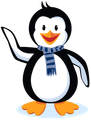 a penguin wearing a scarf is waving his hand
