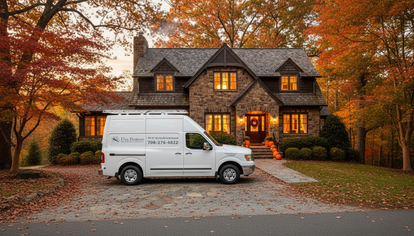 White hvac service van parked in front of a stone house with fall foliage.