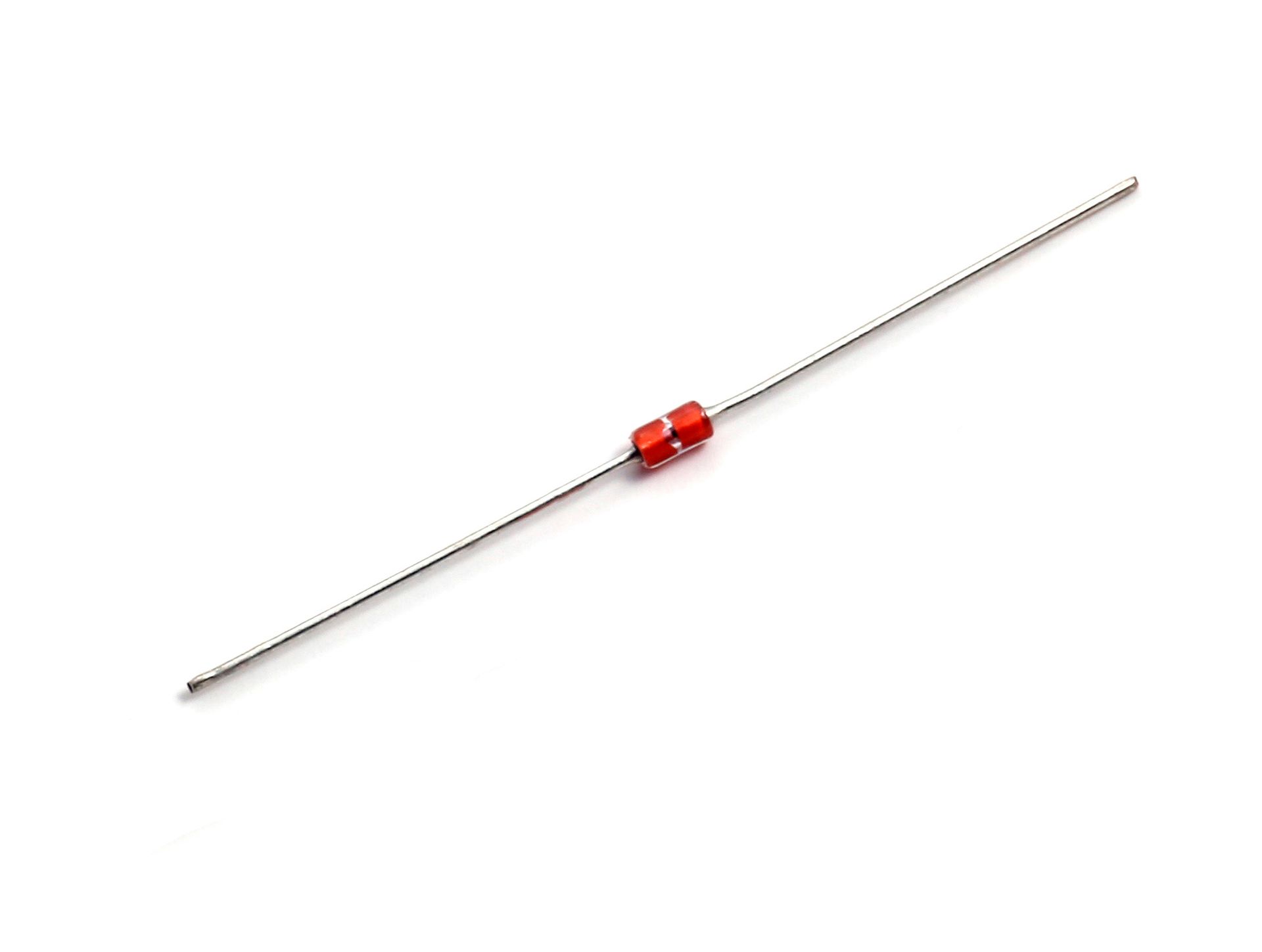 A red bead is on a silver wire on a white background.