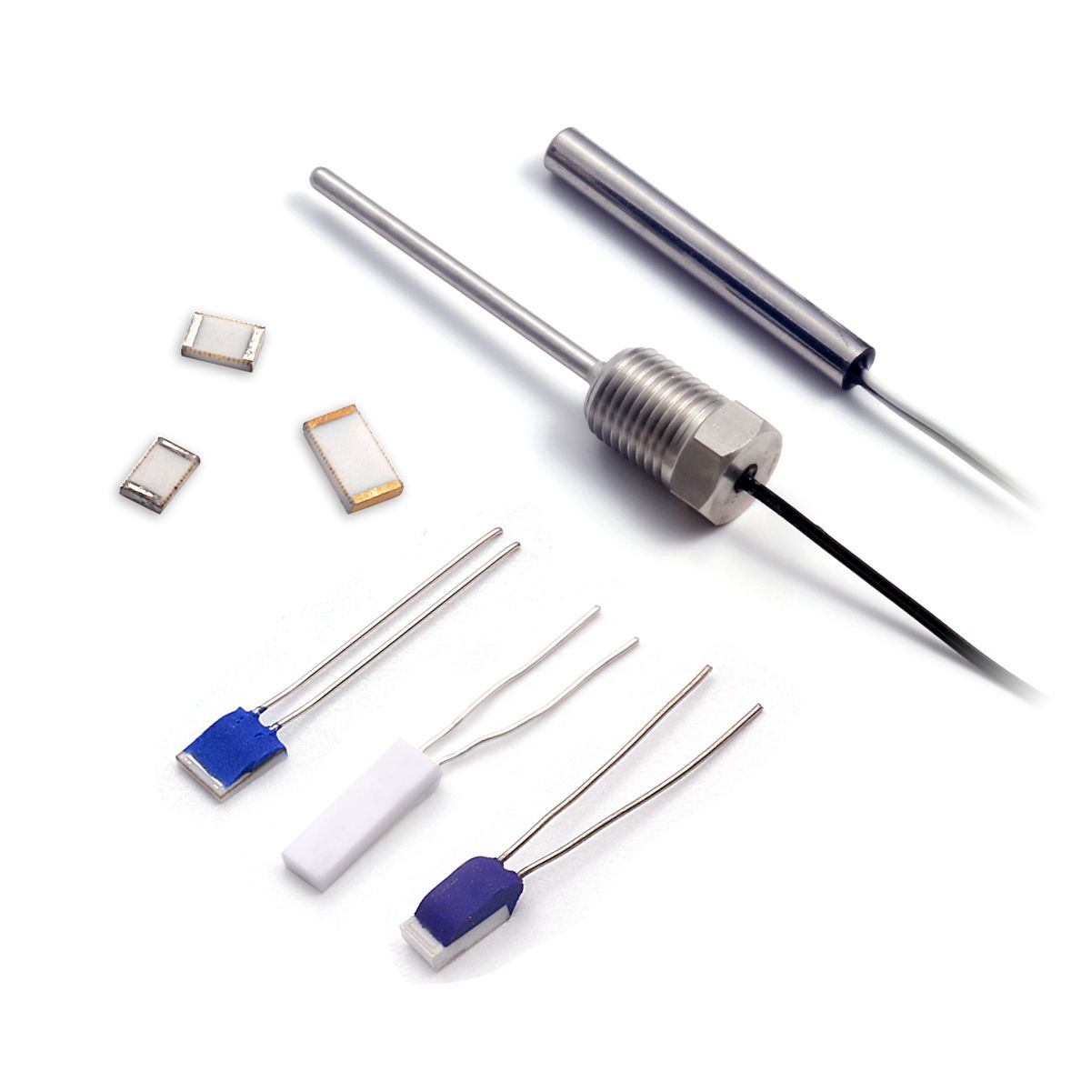 Various types of temperature sensors, including surface mount, probe, and leaded, are shown on a white background.