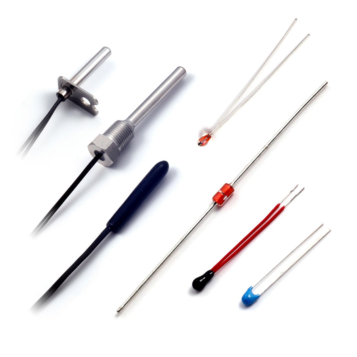 Assorted temperature sensors with various shapes and wire configurations.