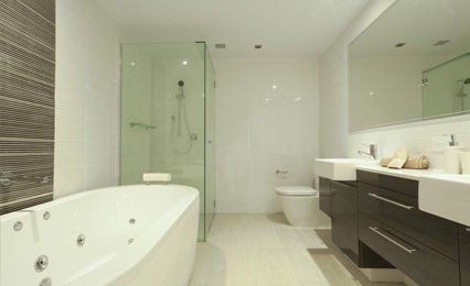 bathroom with full width mirror and glass shower front