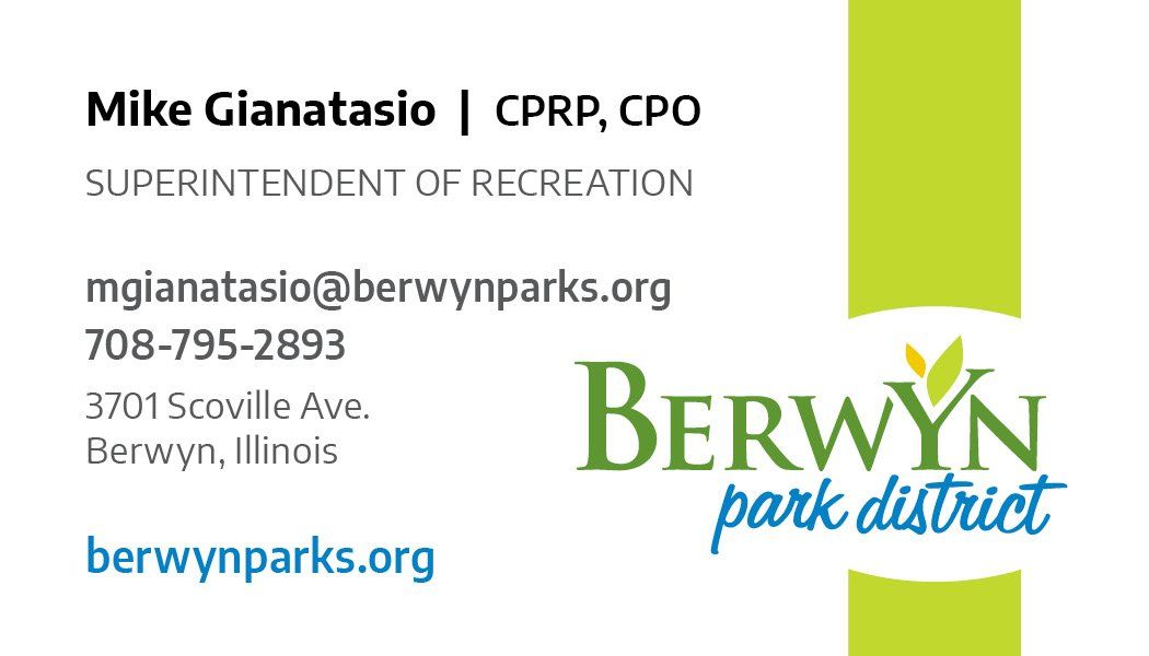 A green and white business card for berwyn park district