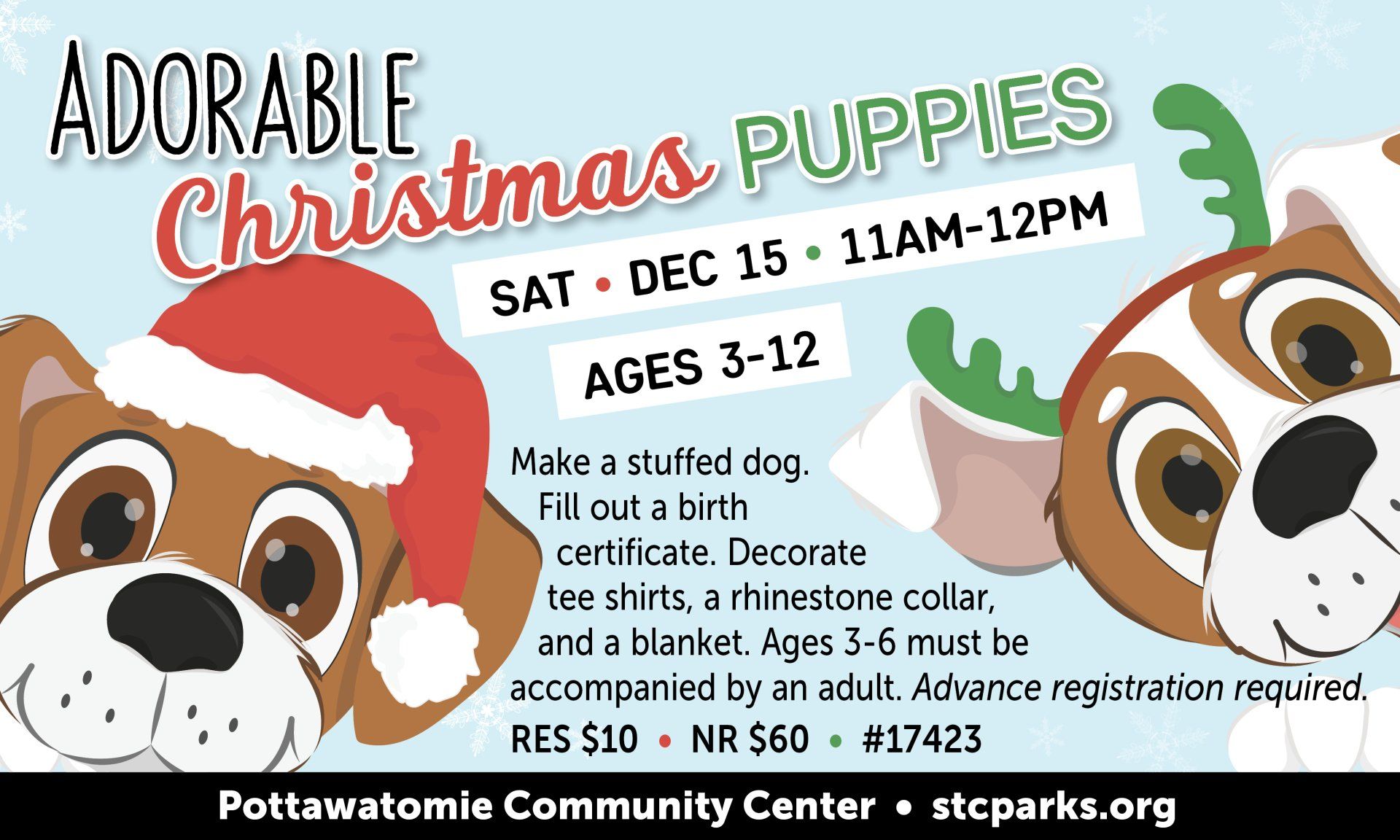 A poster for adorable christmas puppies shows two dogs wearing santa hats