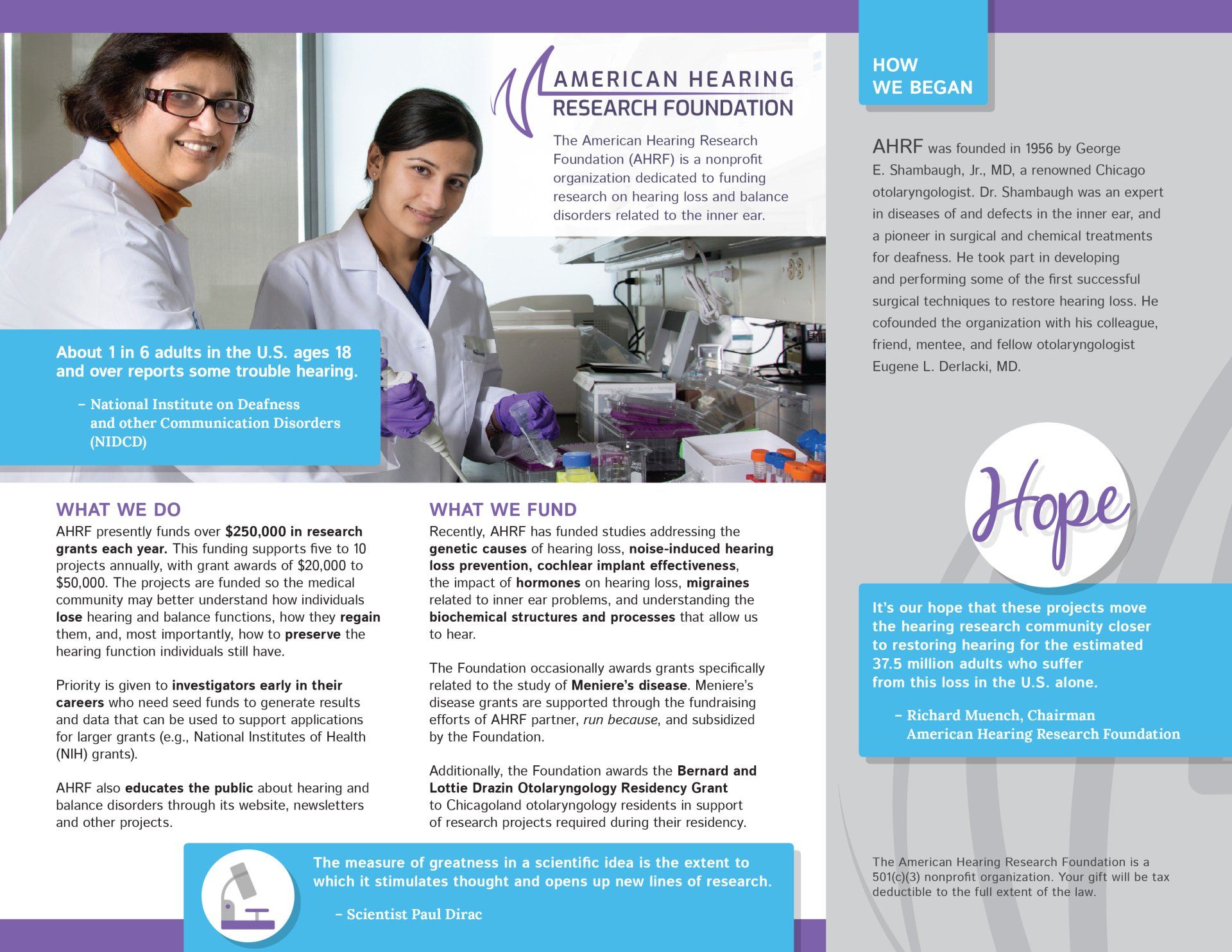 A brochure for the american hearing foundation shows two women working in a lab.