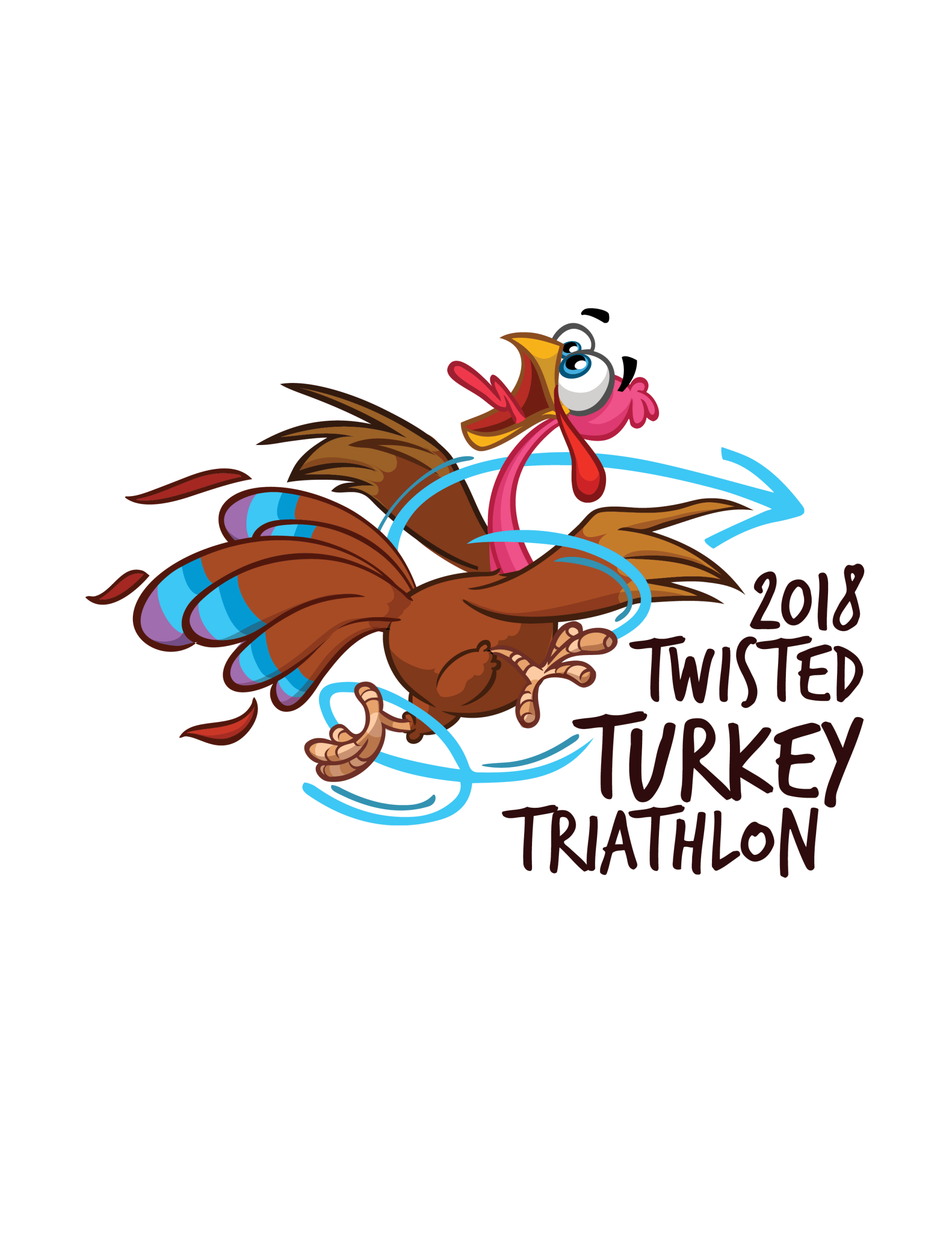 A cartoon turkey is running in a twisted turkey triathlon.
