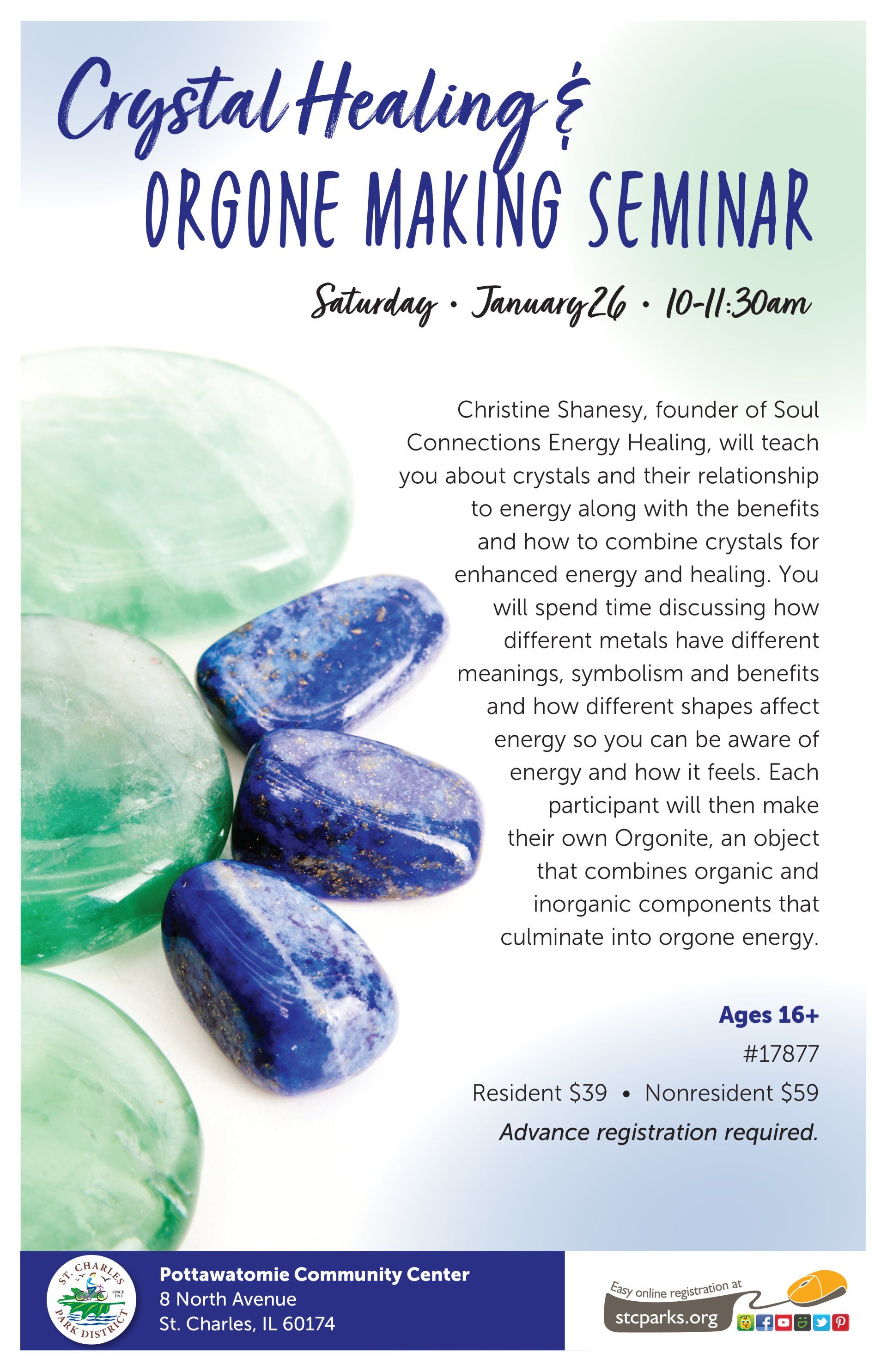 A poster for a crystal healing and orgone making seminar.