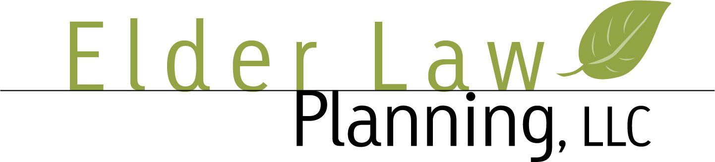 The logo for elder law planning llc has a green leaf on it.