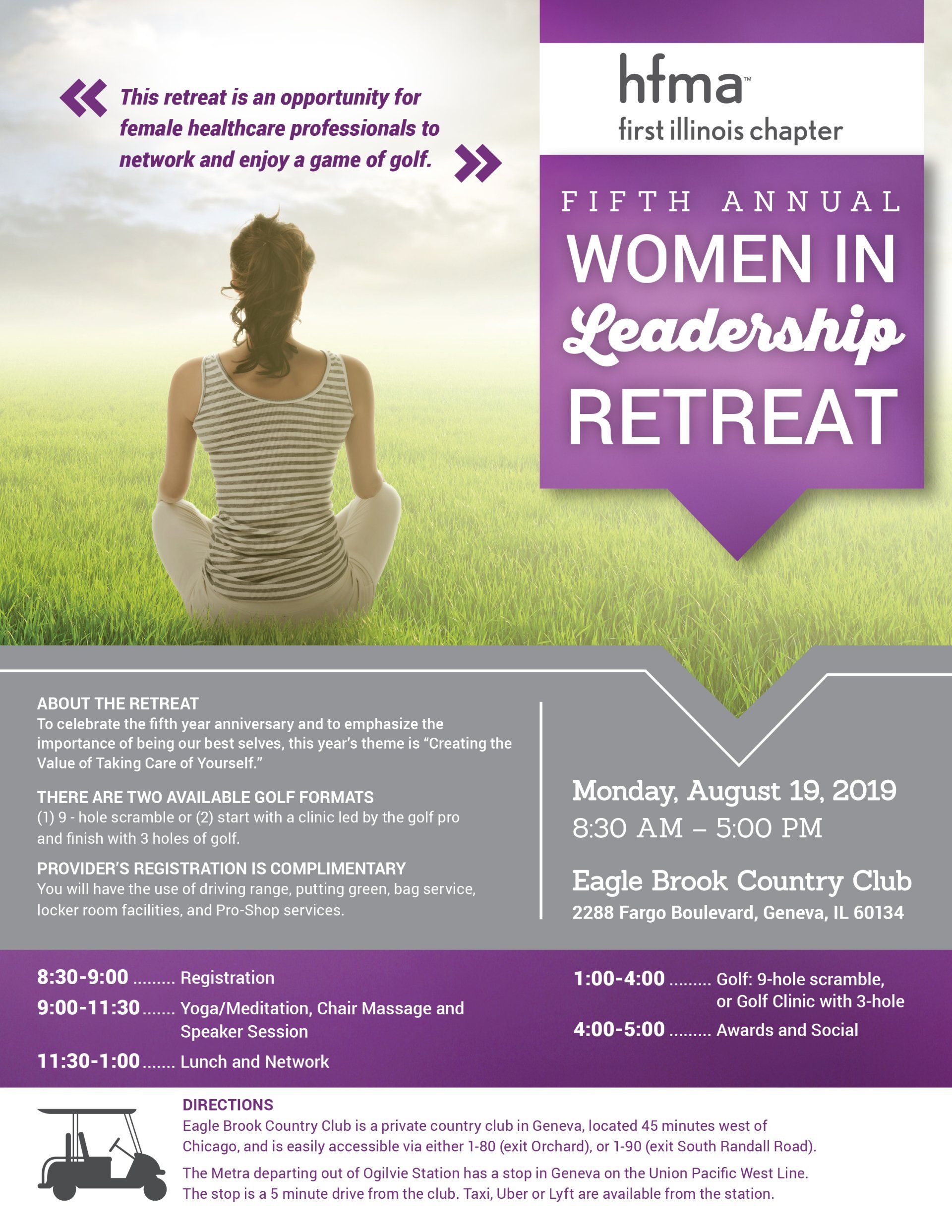 A woman is sitting in a lotus position on a poster for a women in leadership retreat.