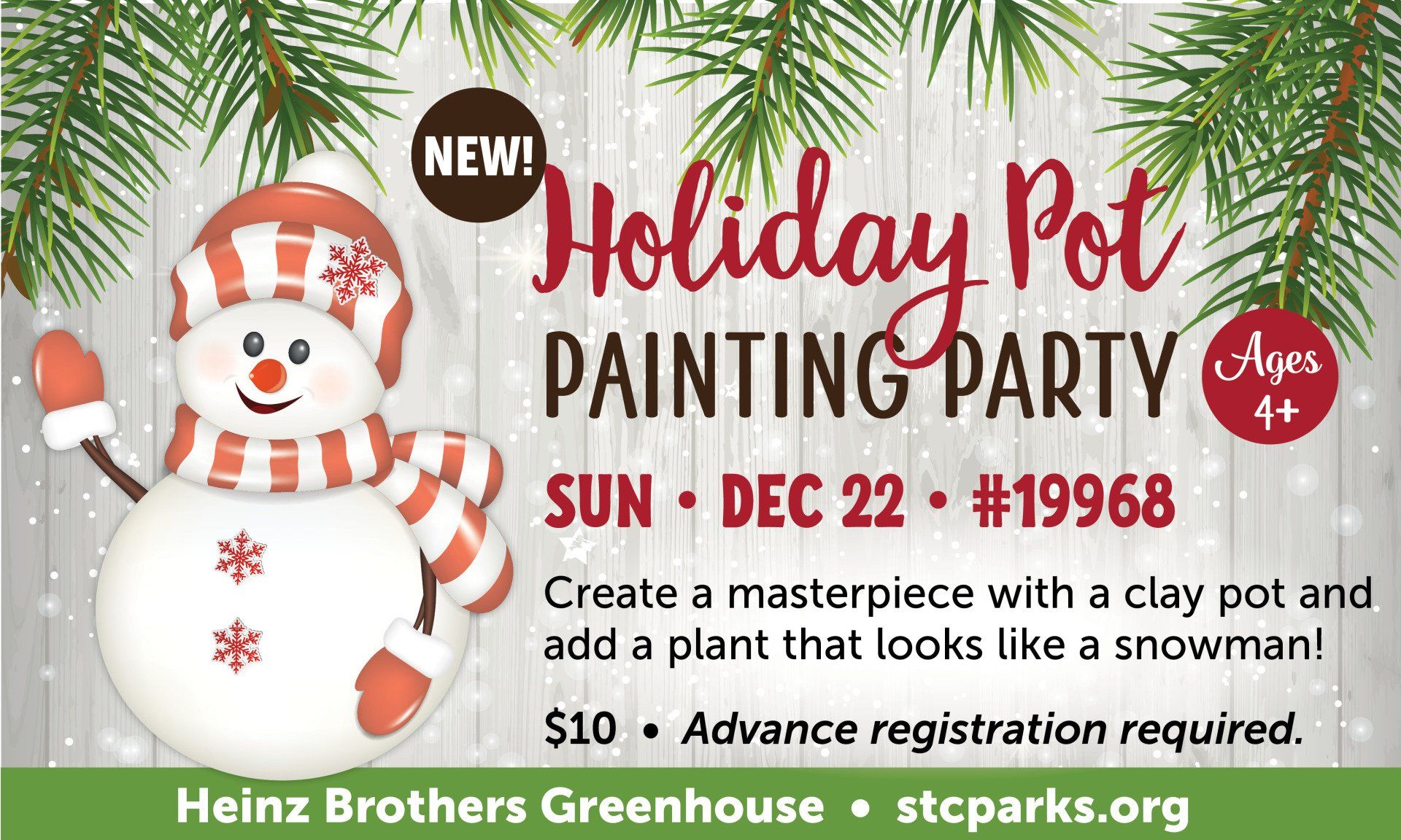 A poster for a holiday pot painting party with a snowman on it.