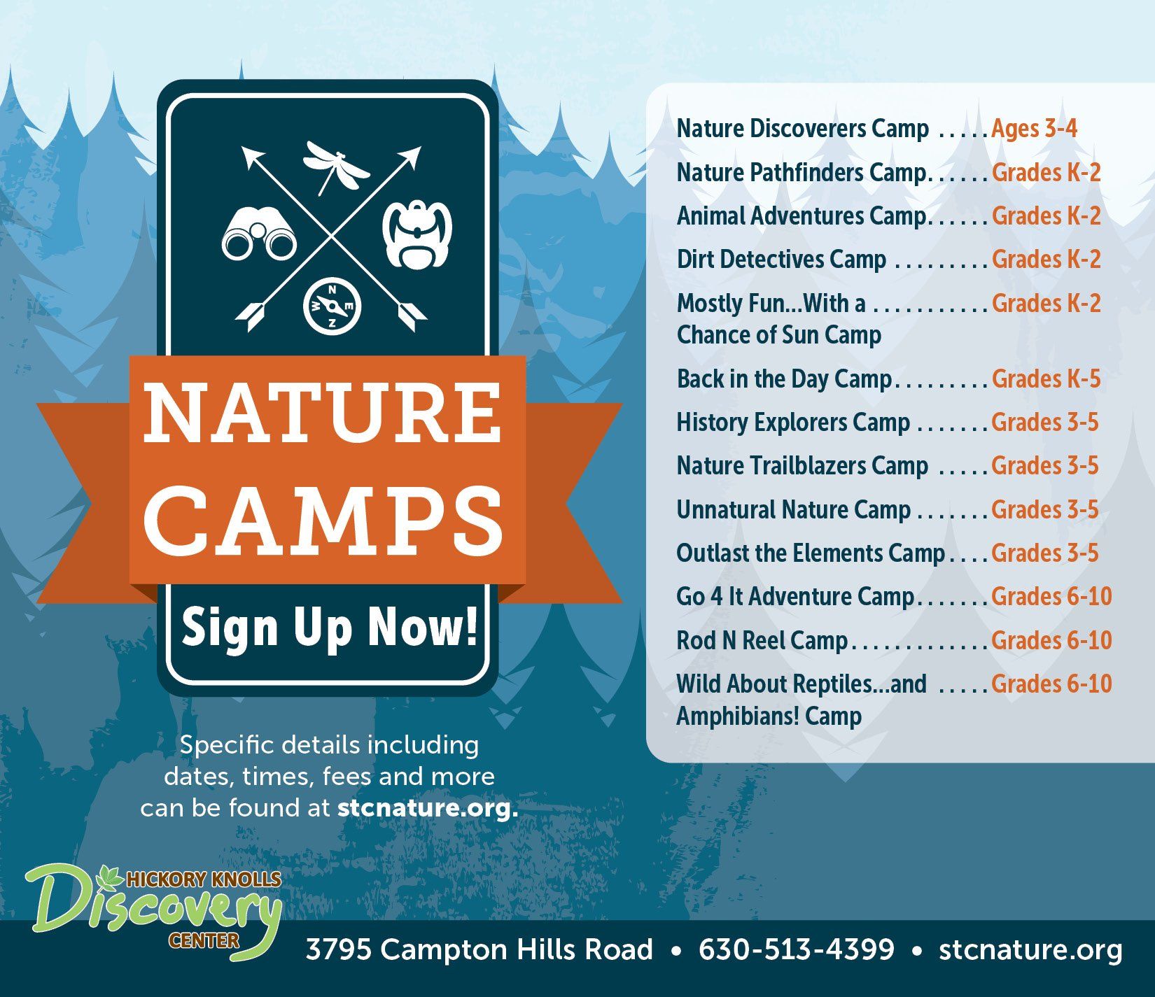 A sign that says nature camps sign up now