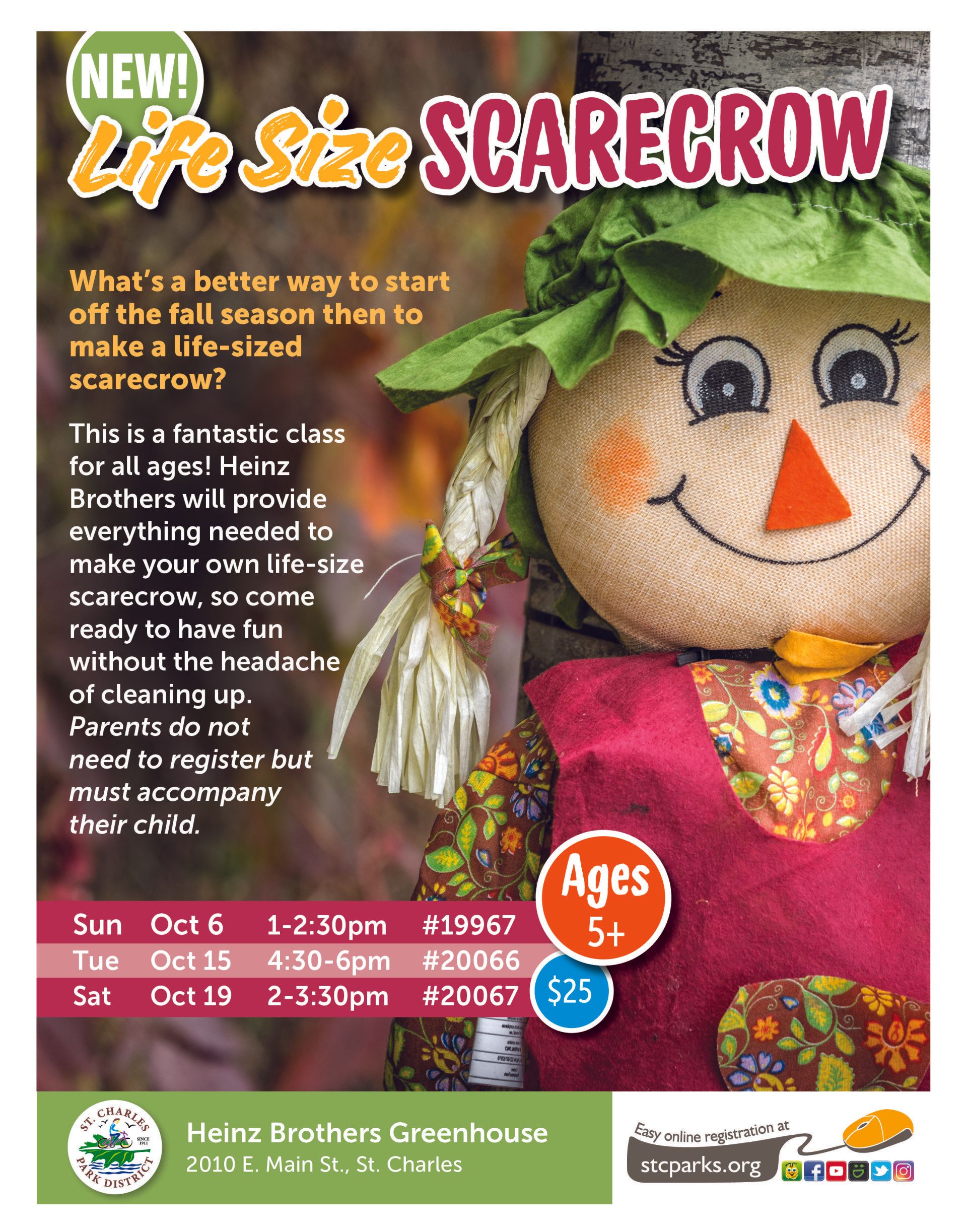 A scarecrow is on a poster that says life size scarecrow