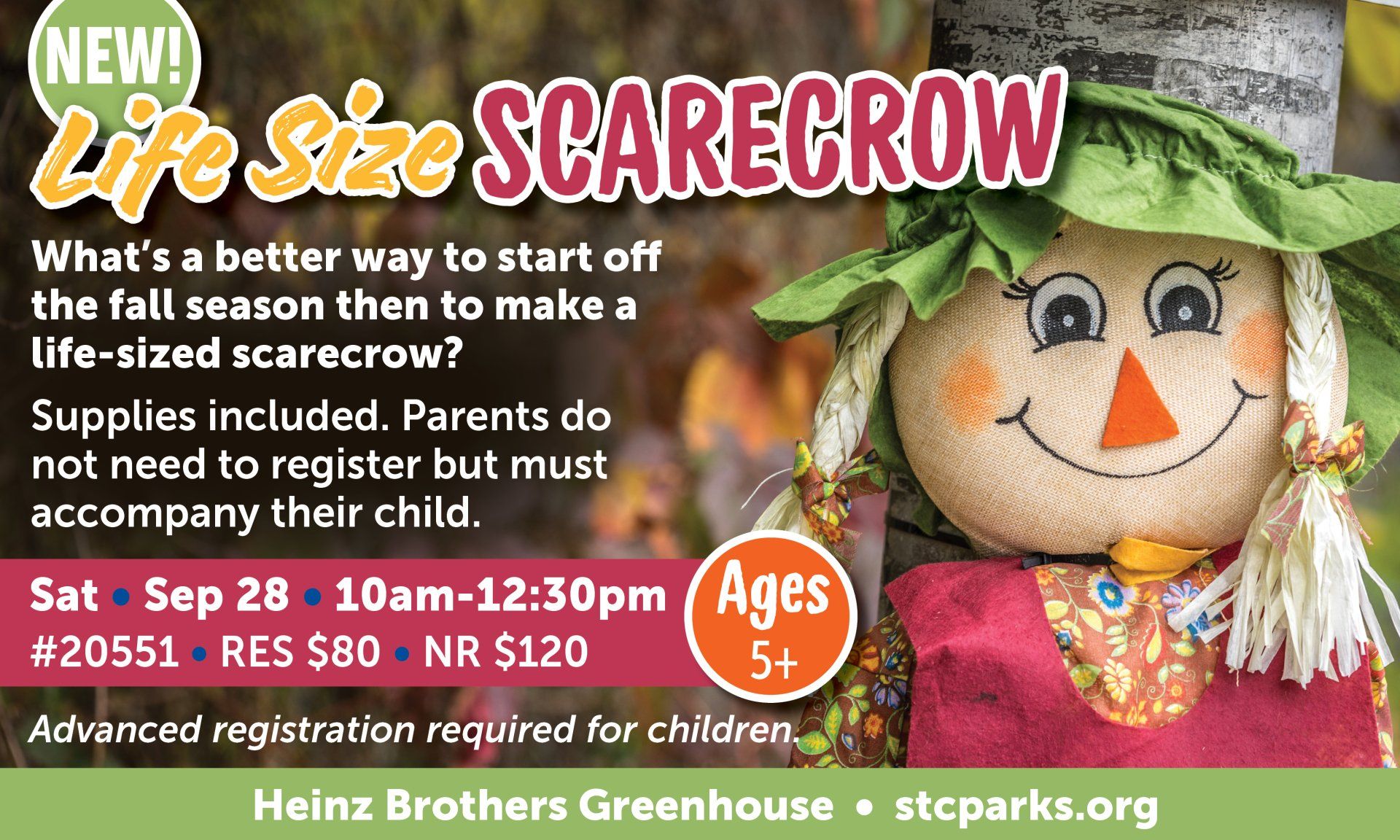 An advertisement for a life size scarecrow event