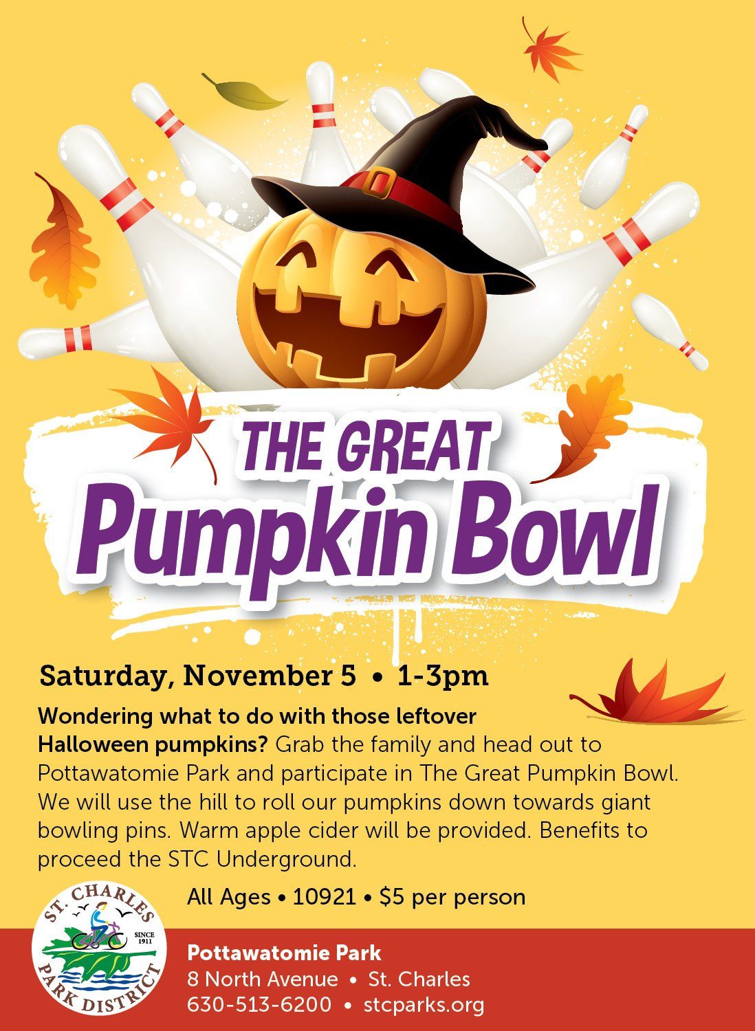 A poster for the great pumpkin bowl shows a pumpkin wearing a witch hat and bowling pins.