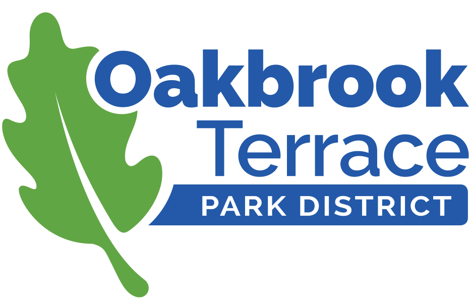 The logo for oakbrook terrace park district has a green leaf on it.