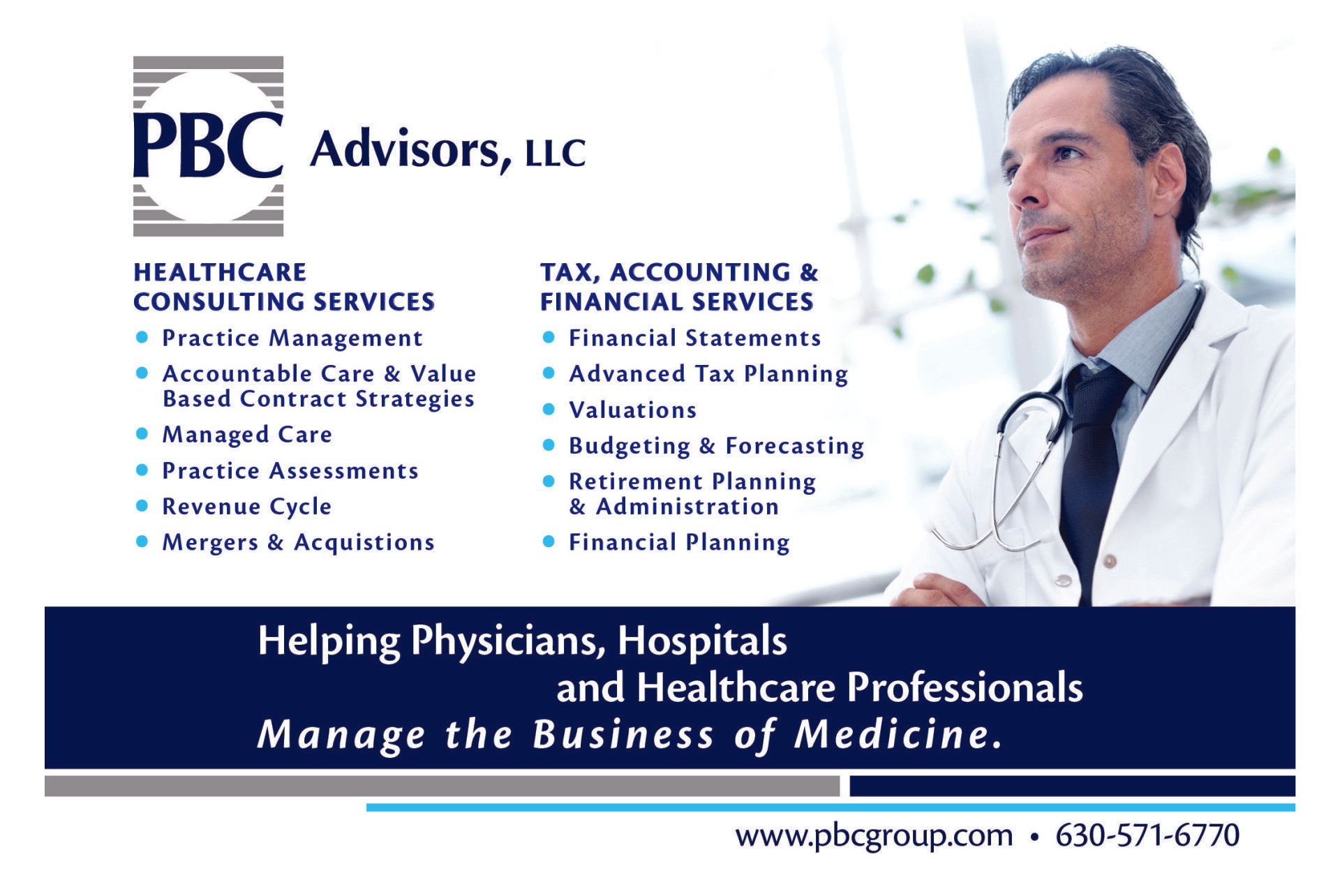 An advertisement for pbc advisors llc helping physicians hospitals and healthcare professionals manage the business of medicine