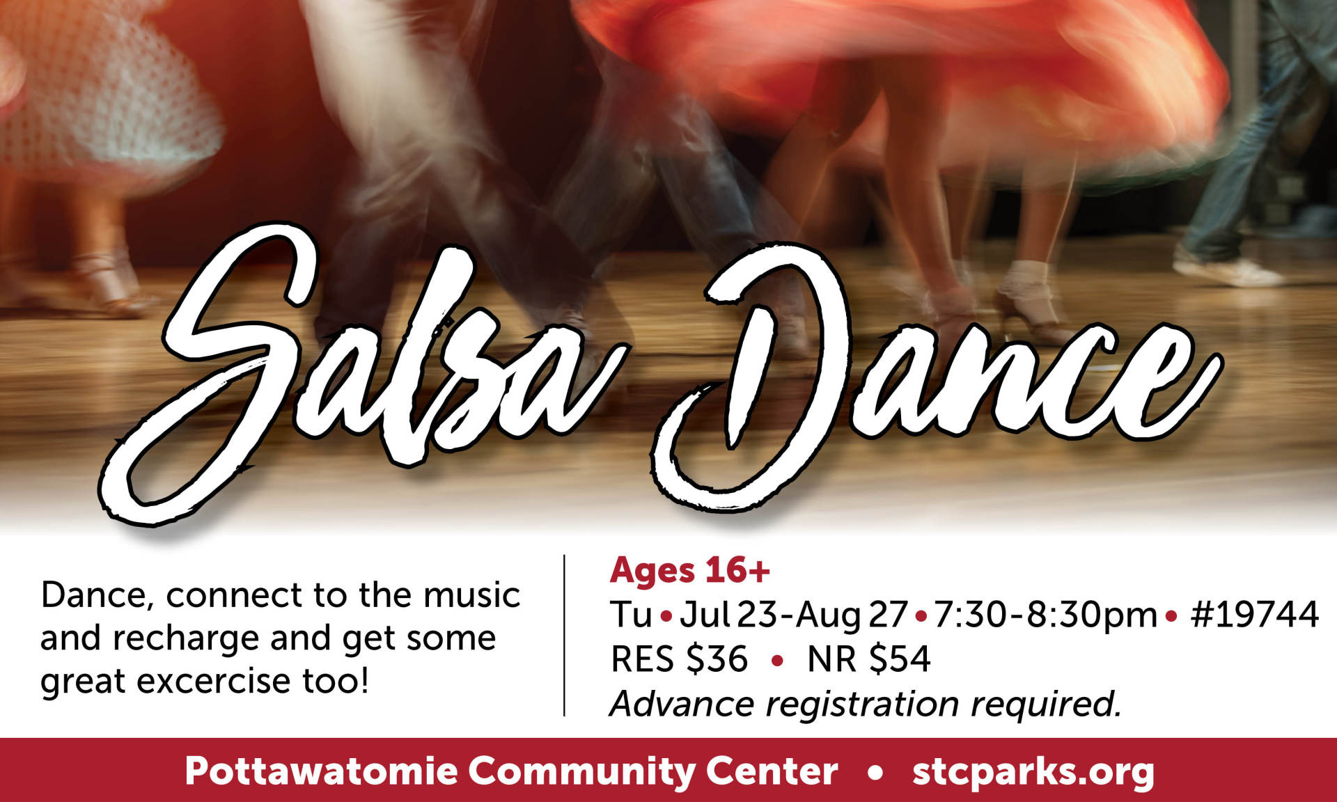 An advertisement for salsa dance ages 16+