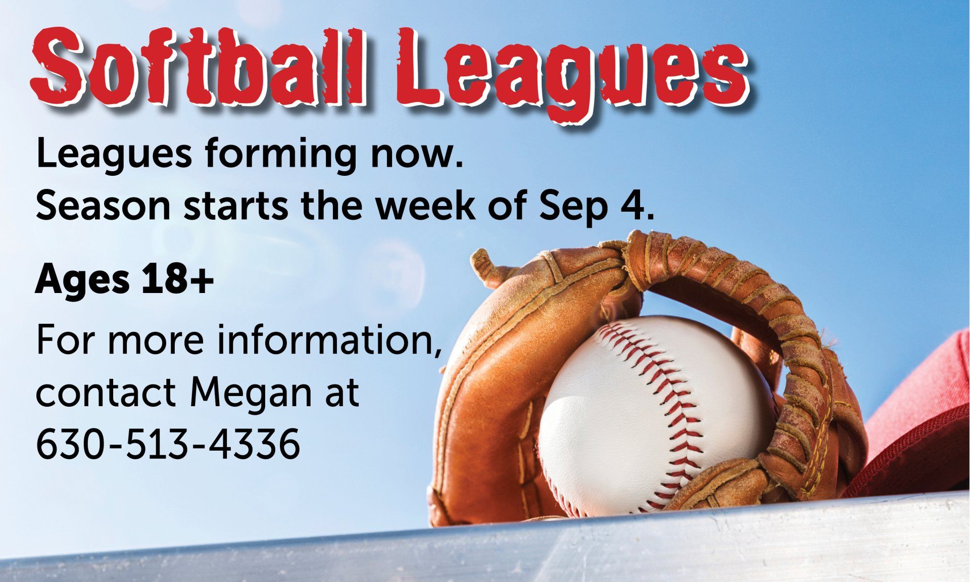 An advertisement for softball leagues for ages 18+