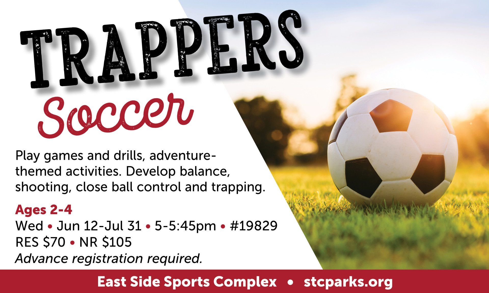 An advertisement for trappers soccer shows a soccer ball in the grass