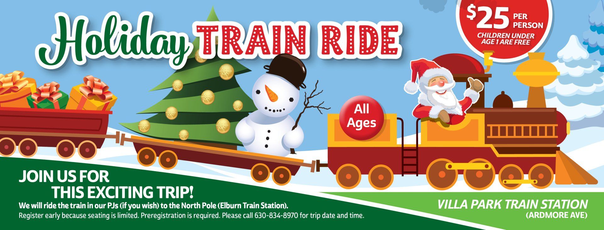 A poster for a holiday train ride with santa claus and a snowman