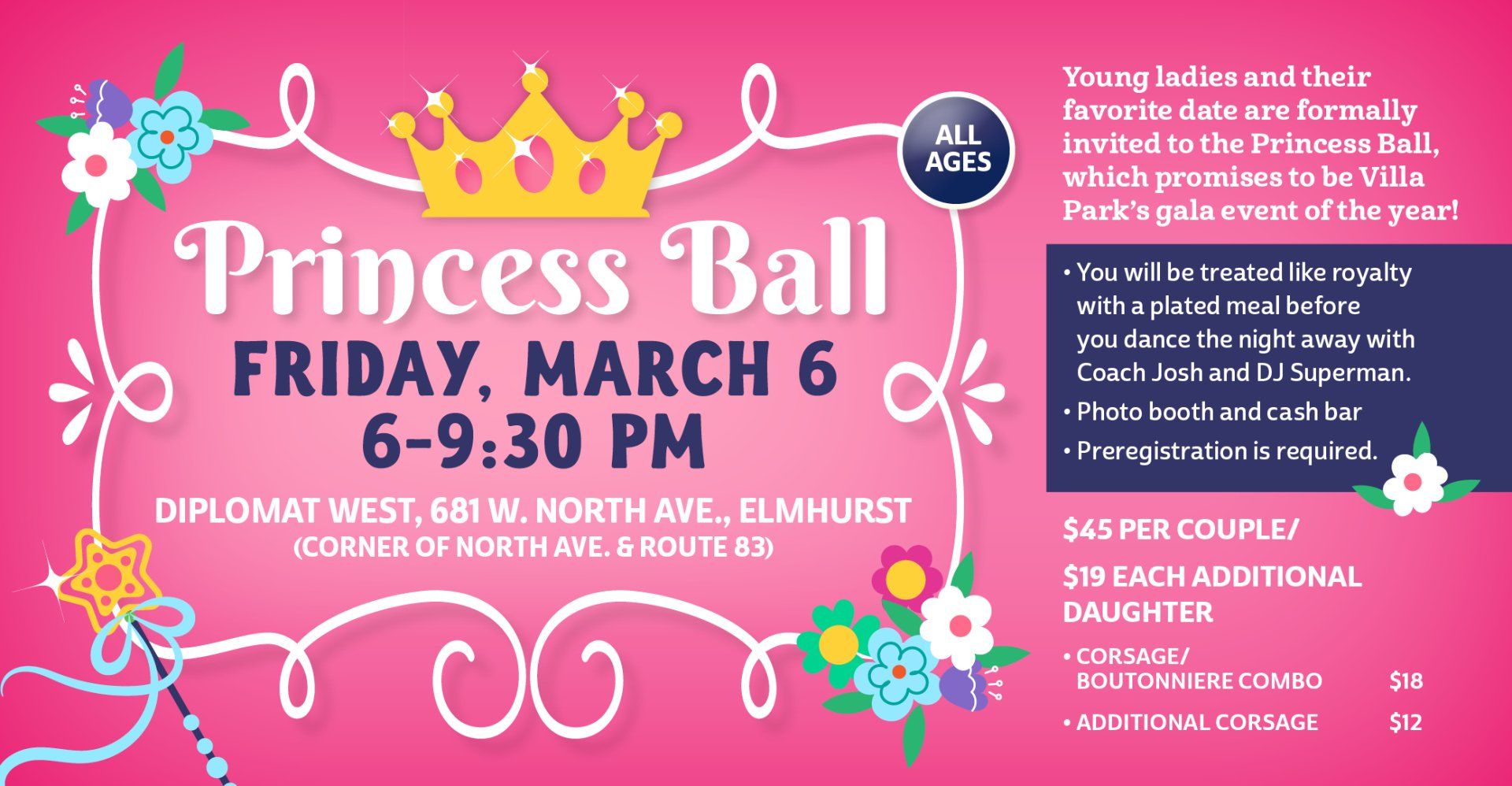 A pink poster for a princess ball on friday march 6