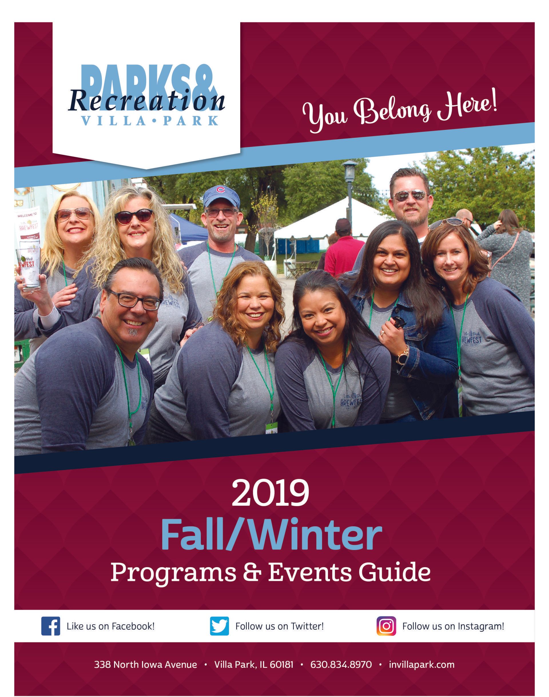 A group of people are posing for a picture on the cover of a fall / winter programs and events guide.