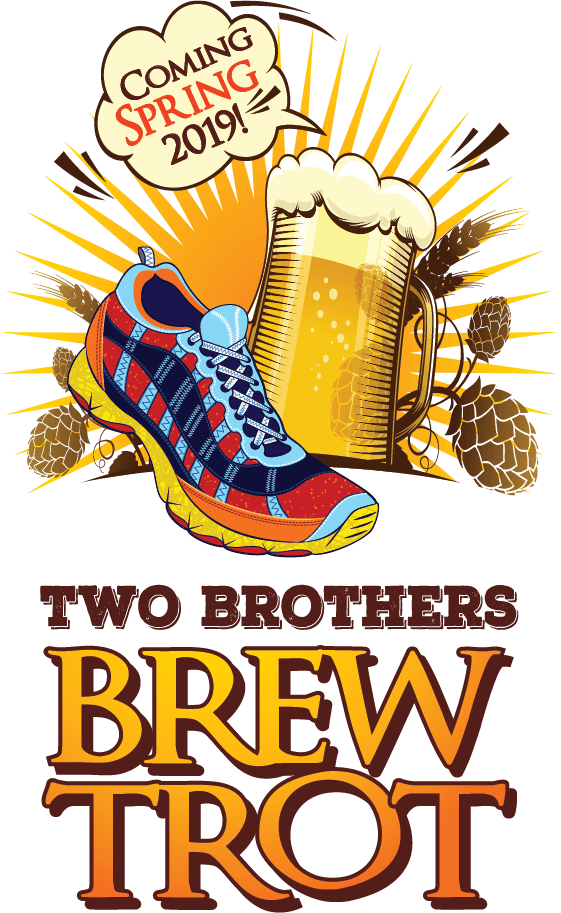 A poster for the two brothers brew trot with a pair of running shoes and a mug of beer.