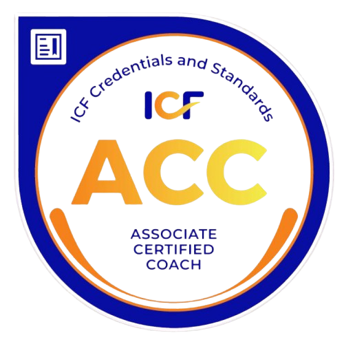 Insignia de Coach Certificado Asociado ICF con esquema de colores azul y naranja.