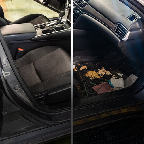 A split-view showing a clean car interior on the left and a dirty floor mat covered in debris on the right.