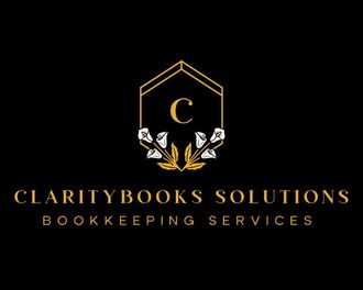 The logo for claritybooks solutions bookkeeping services is a gold logo on a black background.
