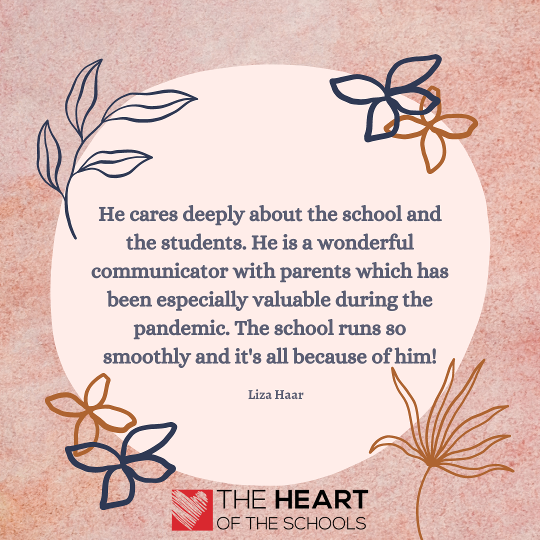 Testimonial praising a school leader. Text is on a floral-decorated pink background. The school's logo is at the bottom.