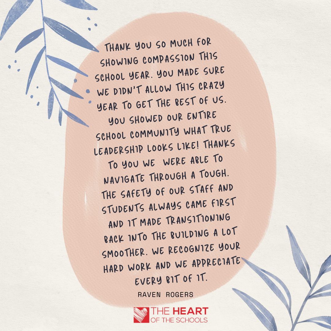 A thank-you card with text praising someone's leadership and compassion during a challenging school year.